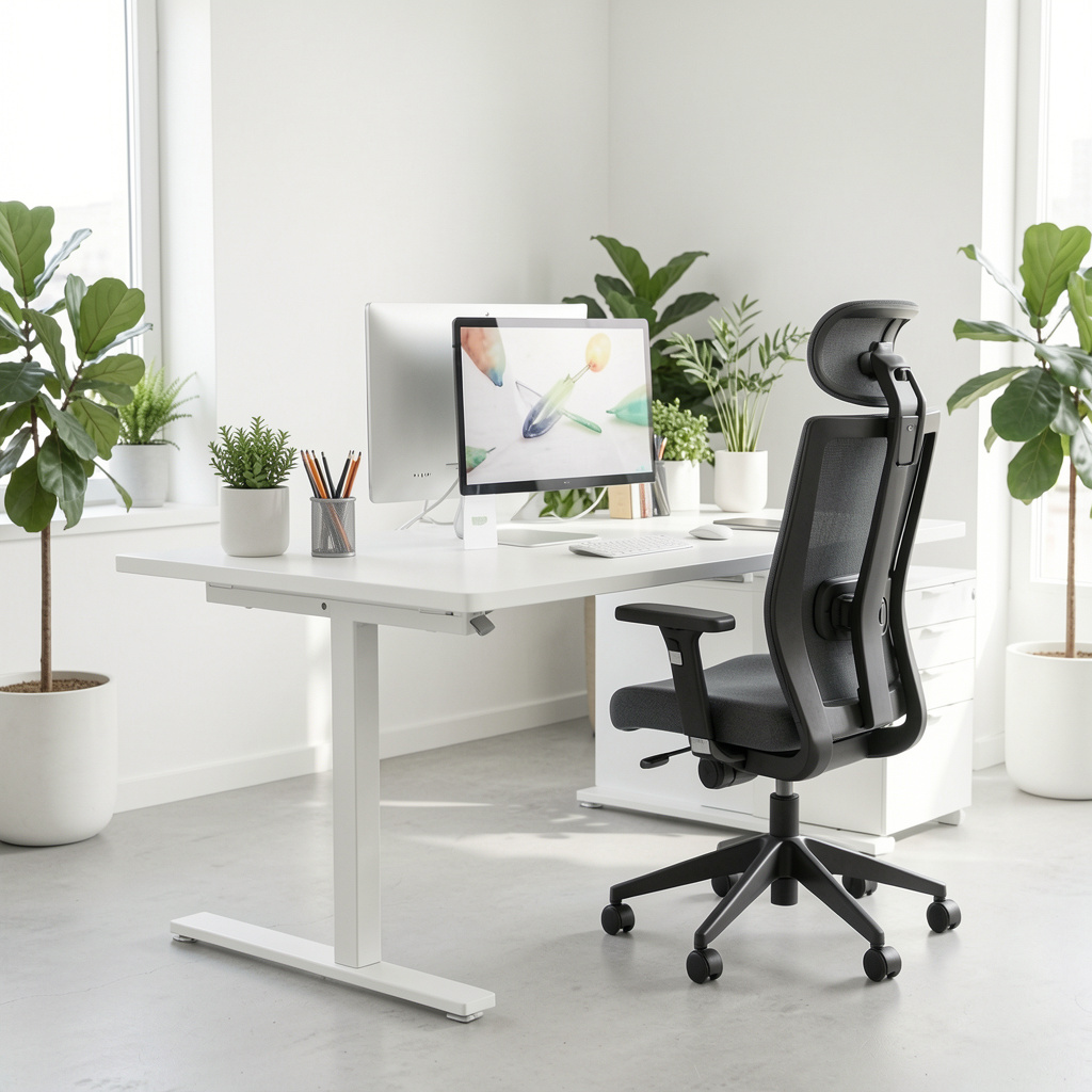 Modern ergonomic office workspace with adjustable desk natural lighting and organized environment