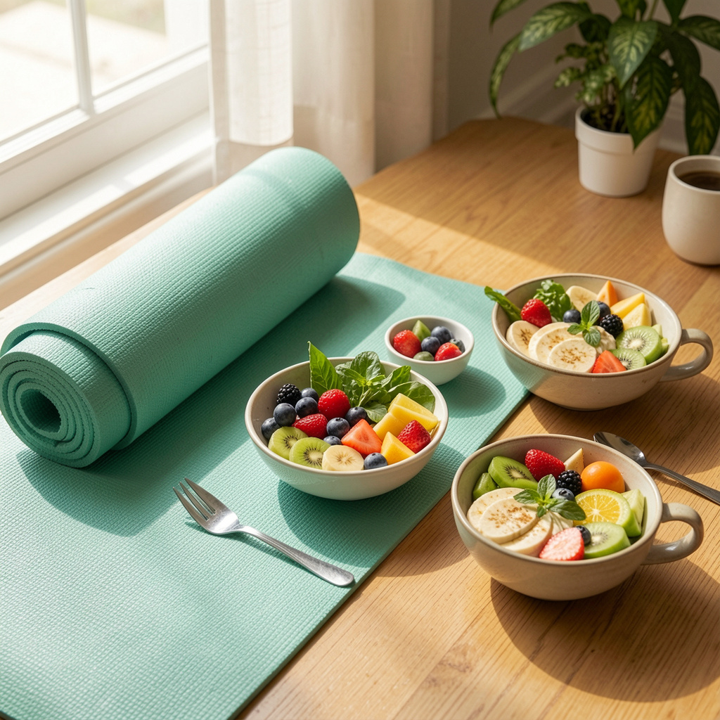 Healthy morning routine with exercise yoga mat and nutritious breakfast