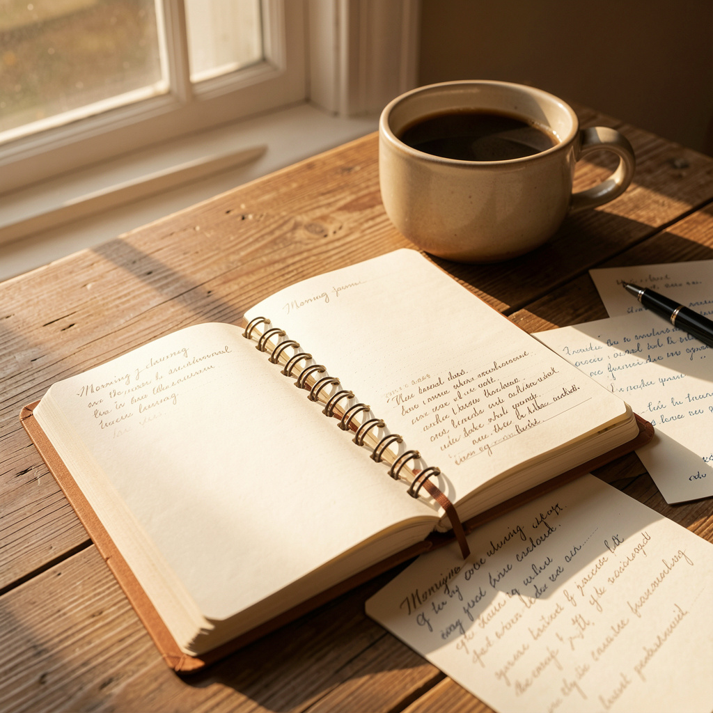 Morning journal on wooden desk with coffee and natural light