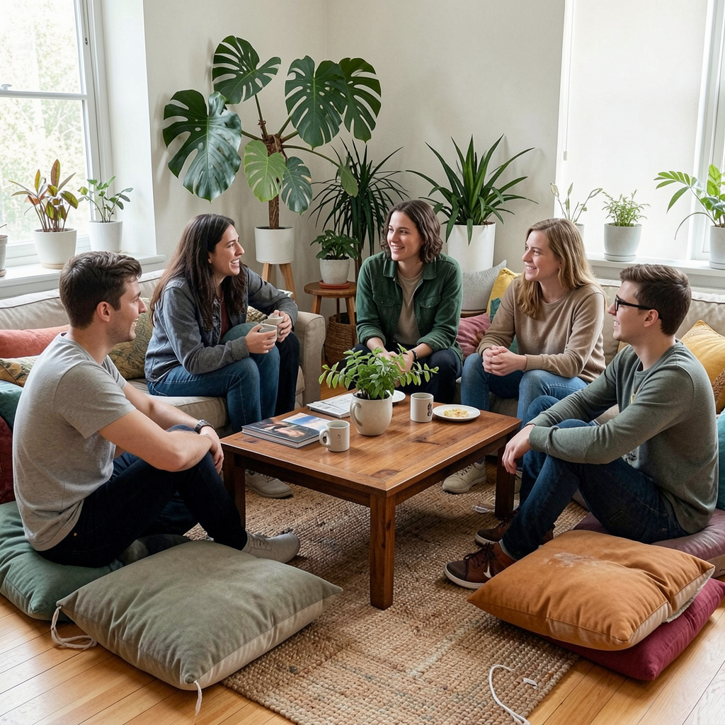 Small group of friends having relaxed conversation in comfortable setting